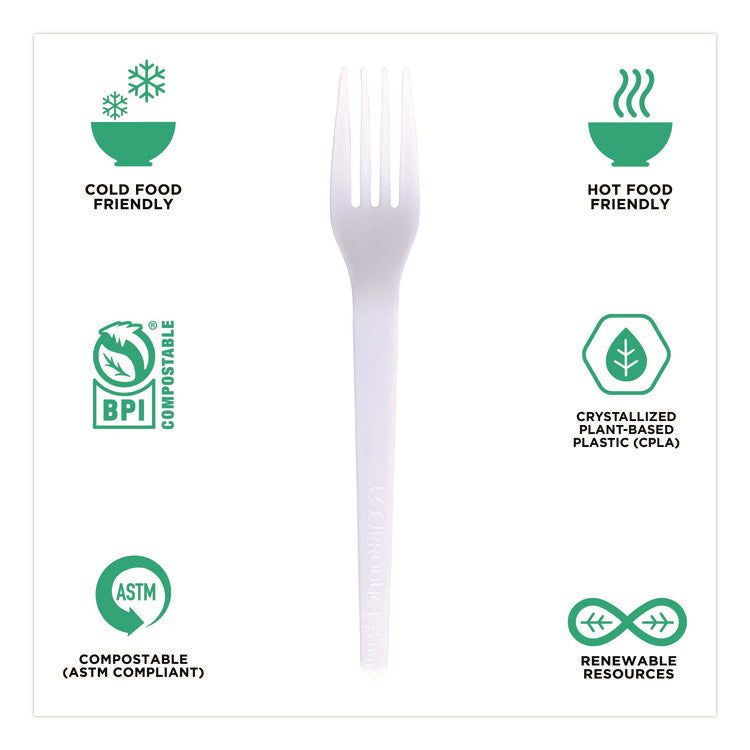 Plantware CPLA Cutlery, Fork, White, 1,000/Carton