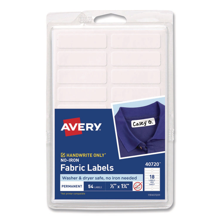 No-Iron Fabric Labels, 0.5 x 1.75, White, 18/Sheet, 3 Sheets/Pack