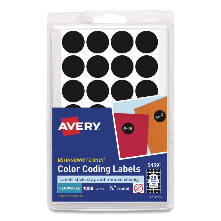 Handwrite Only Self-Adhesive Removable Round Color-Coding Labels, 0.75" dia, Black, 28/Sheet, 36 Sheets/Pack, (5459)