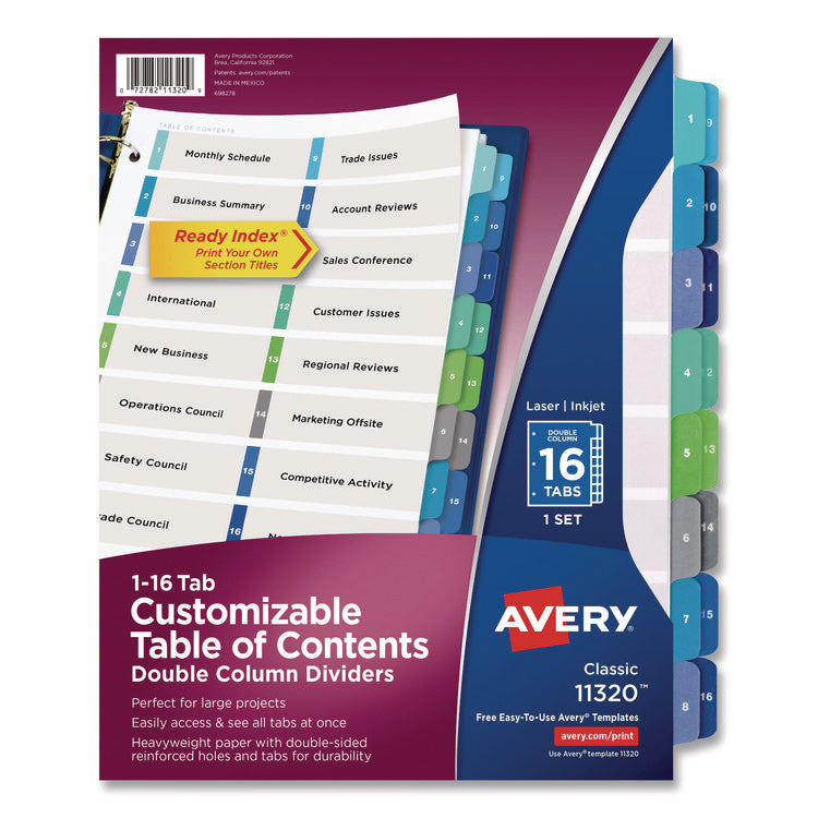 Customizable TOC Ready Index Double Column Multicolor Tab Dividers, 16-Tab, 1 to 16, 11 x 8.5, White, 1 Set
