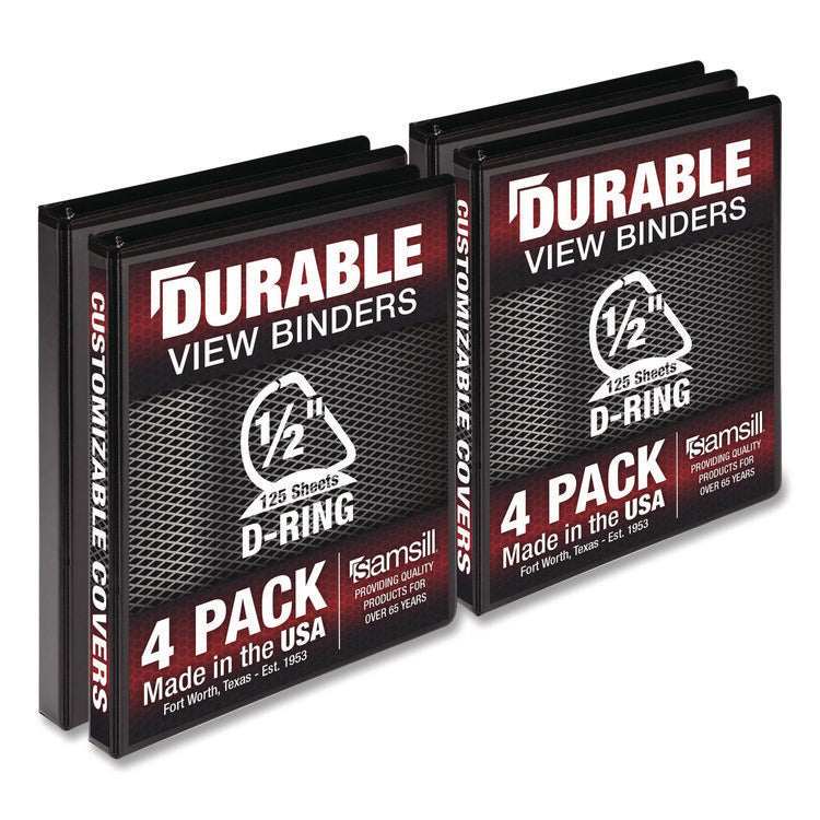 Durable D-Ring View Binders, 3 Rings, 0.5" Capacity, 11.5" x 8.5", Black, 4/Pack