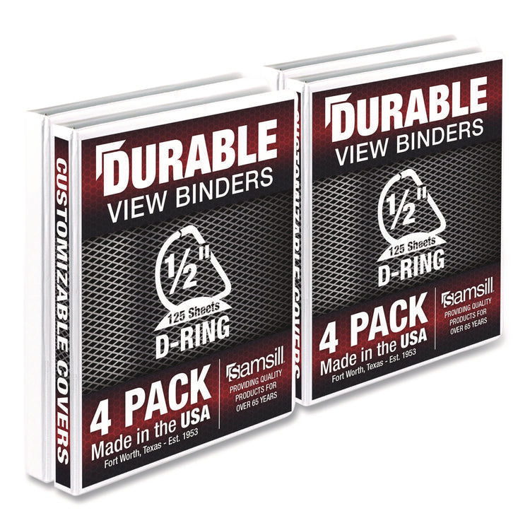 Durable D-Ring View Binders, 3 Rings, 0.5" Capacity, 11.5" x 8.5", White, 4/Pack