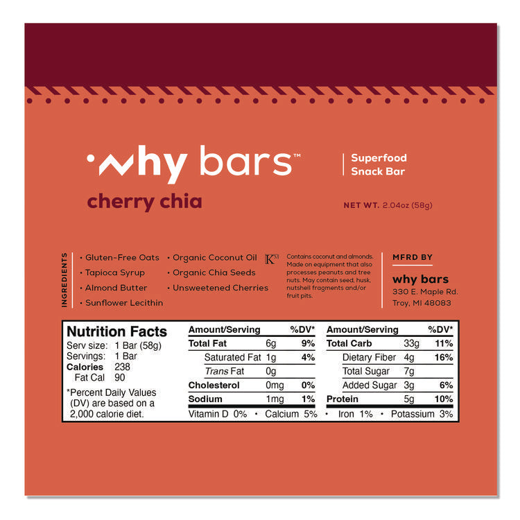 Superfood Snack Bar, Cherry Chia, 2.04 oz Bar, 12/Box