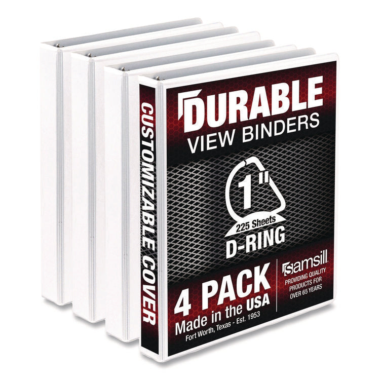 Durable D-Ring View Binders, 3 Rings, 1" Capacity, 11.5" x 8.5", White, 4/Pack
