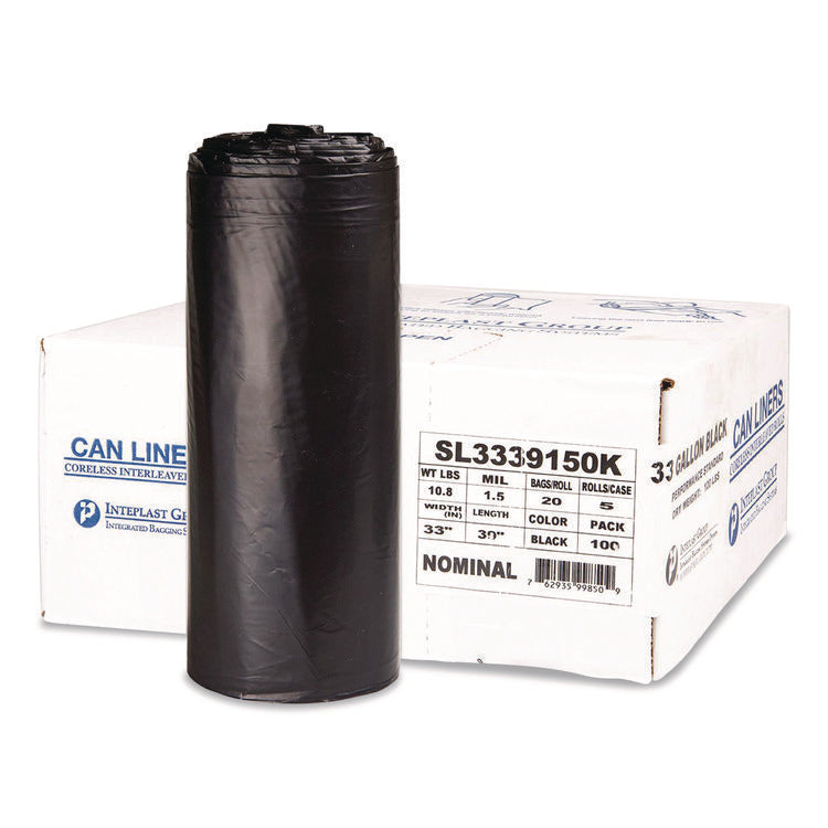Low-Density Commercial Can Liners, 33 gal, 1.5 mil, 33" x 39", Black, Interleaved Roll, 20 Bags/Roll, 5 Rolls/Carton