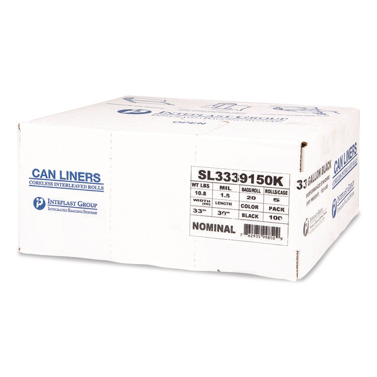 Low-Density Commercial Can Liners, 33 gal, 1.5 mil, 33" x 39", Black, Interleaved Roll, 20 Bags/Roll, 5 Rolls/Carton