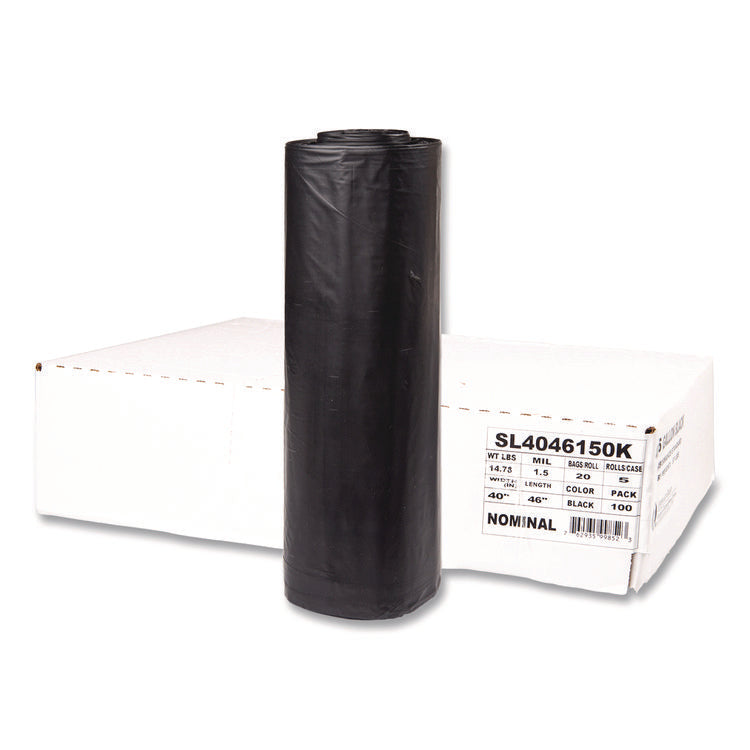 Institutional Low-Density Can Liners, 45 gal, 1.5 mil, 40" x 46", Black, Interleaved Roll, 20 Bags/Roll, 5 Rolls/Carton