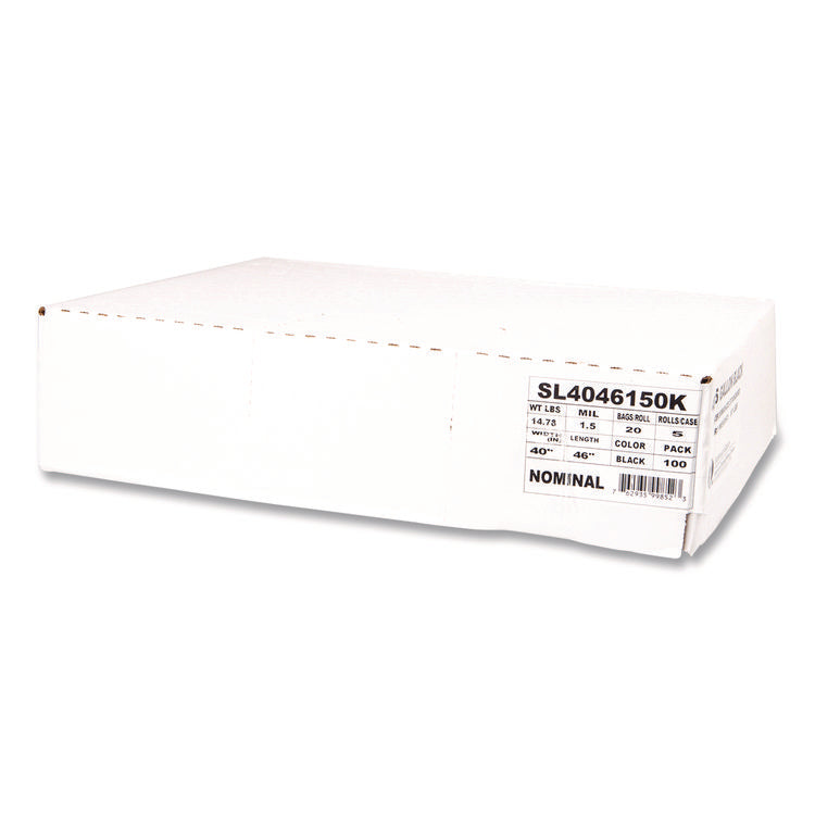 Institutional Low-Density Can Liners, 45 gal, 1.5 mil, 40" x 46", Black, Interleaved Roll, 20 Bags/Roll, 5 Rolls/Carton
