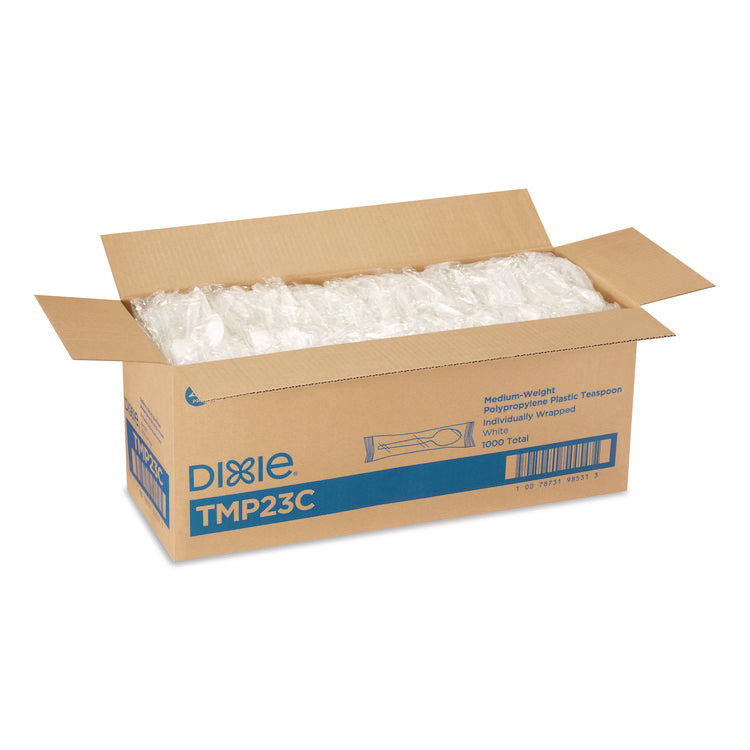 Mediumweight Polypropylene Cutlery, Individually Wrapped, Teaspoon, Plastic, White, 1,000/Carton