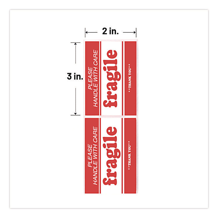 Pre-Printed Message Labels, Fragile-Please Handle With Care-Thank You, 2 X 3, White/red, 500/roll