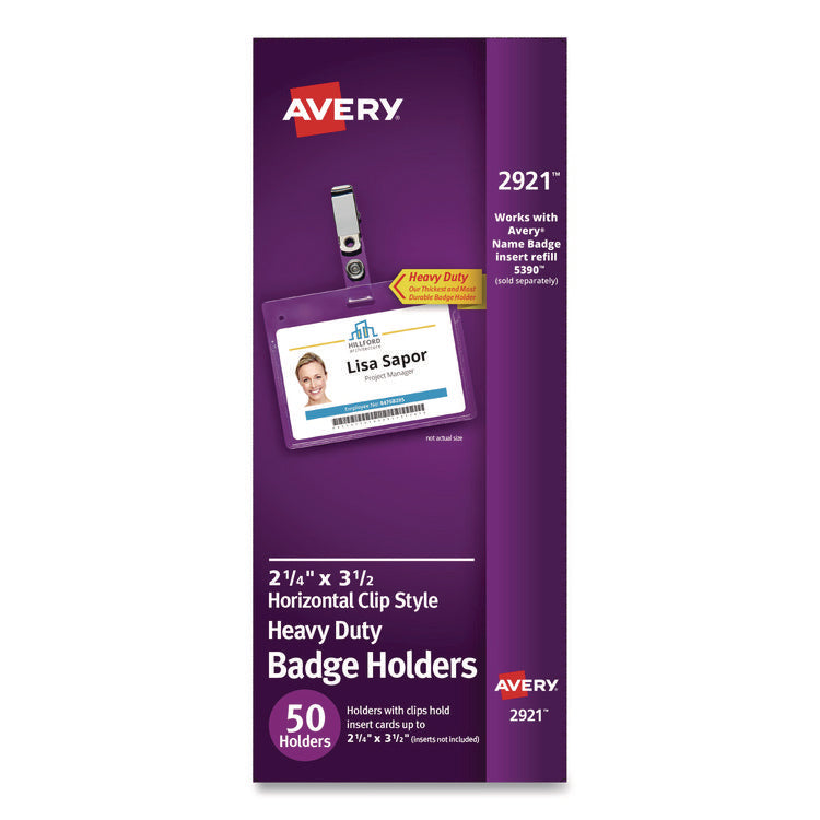 Secure Top Clip-Style Badge Holders, Horizontal, 2 1/4 X 3 1/2, Clear, 50/box