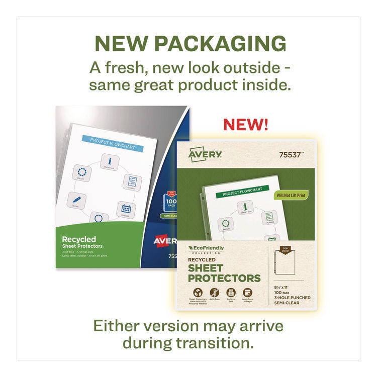 Recycled Economy Weight Sheet Protector, Side: 3-Hole Punched, Top Load 8.5 x 11 Insert, Semi-Clear Front, 100/Box