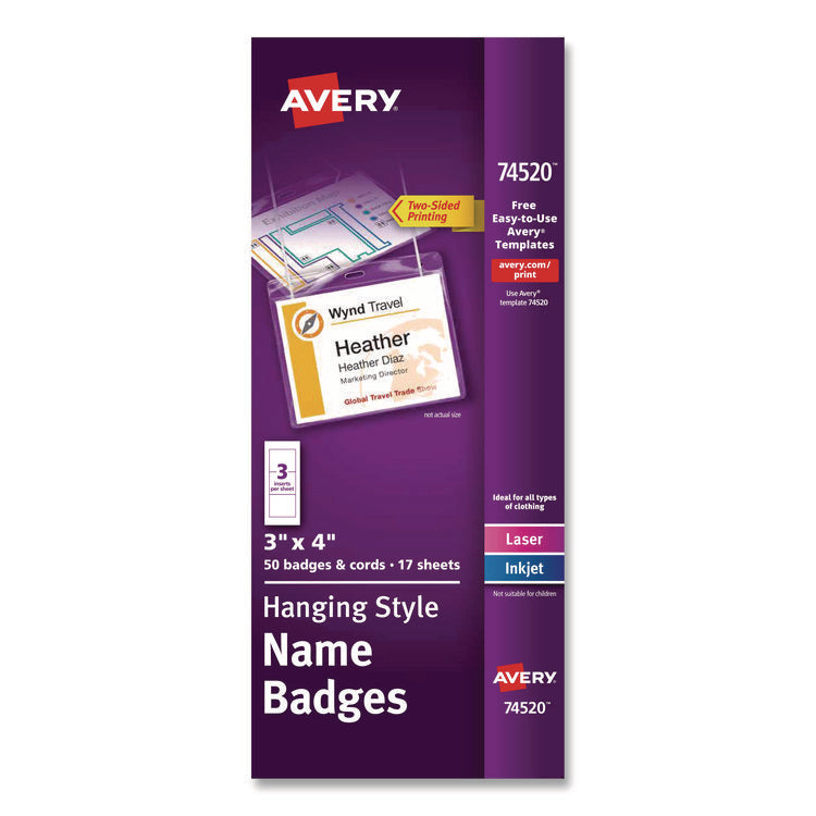 Necklace-Style Badge Holder W/laser/inkjet Insert, Top Load, 4 X 3, We, 50/box