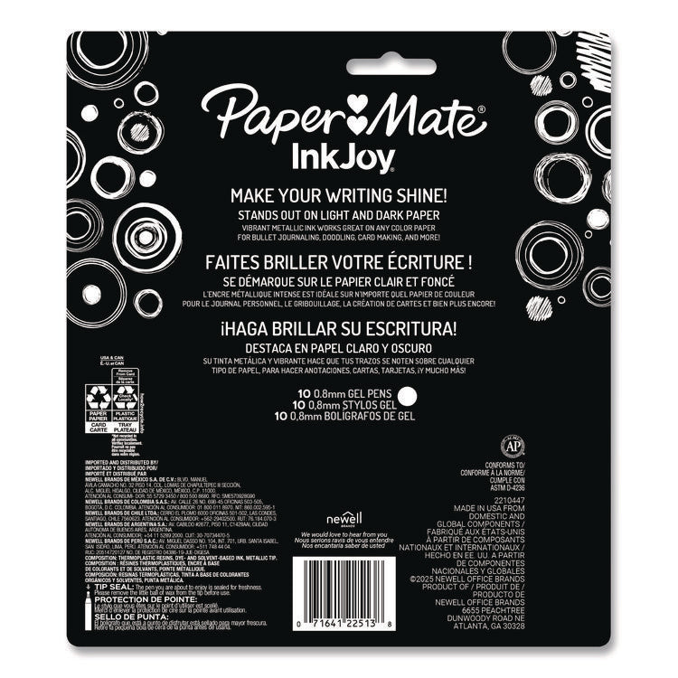 InkJoy Metallic Gel Pen, Retractable, Medium 0.8 mm, Assorted Ink, Assorted Barrel, 10/Pack
