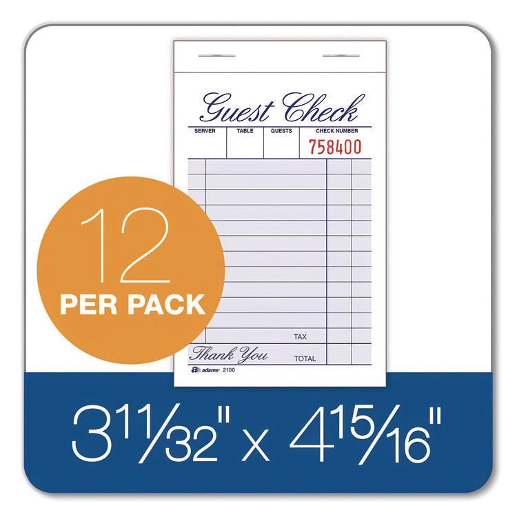 One-Part Guest Check Pad, One-Part (No Copies), 3.35 x 4.94, 100 Forms/Pad, 12 Pads/Pack