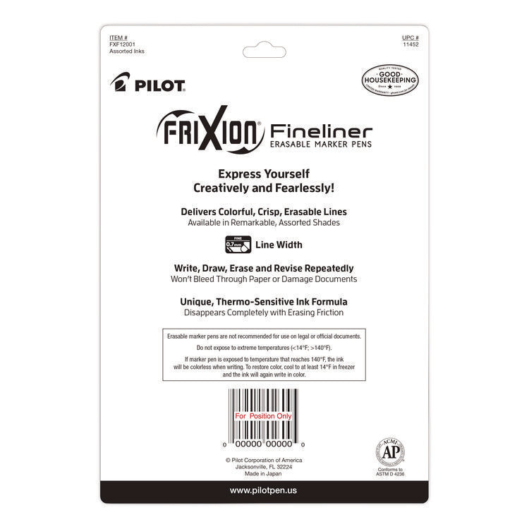 FriXion Fineliner Erasable Porous Point Pen, Stick, Fine 0.7 mm, Assorted Ink, Assorted Barrel, 12/Pack
