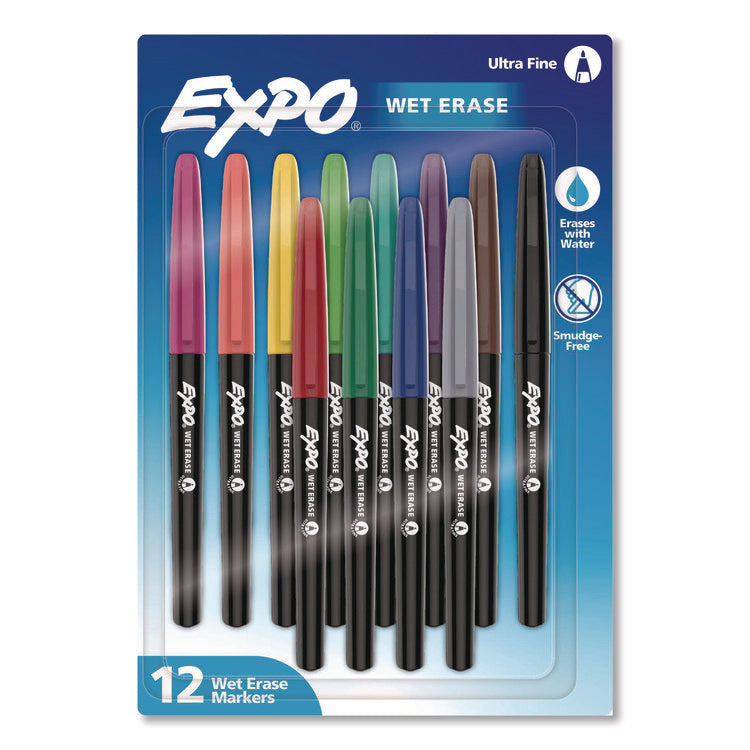 Wet Erase Markers, Ultra Fine Needle Tip, Assorted Colors, 12/Pack