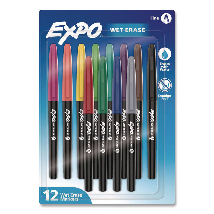 Wet Erase Markers, Fine Needle Tip, Assorted Colors, 12/Pack