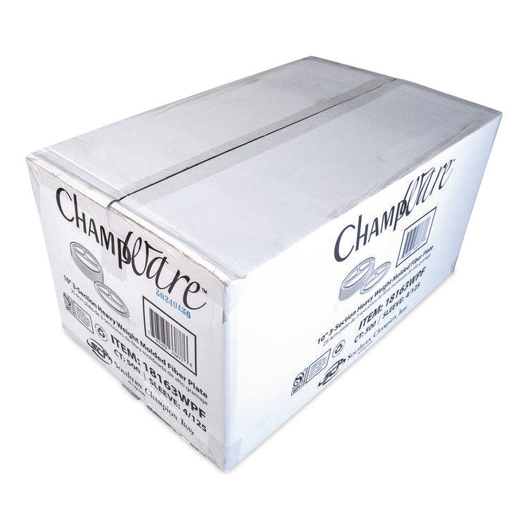 ChampWare Molded Fiber Tableware, 3-Compartment Plate, 10" dia, White, 125/Sleeve, 4 Sleeves/Carton