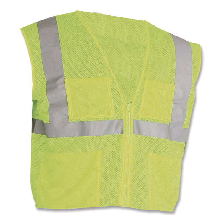 ANSI Class 2 Four Pocket Zipper Safety Vest, Polyester Mesh, Large, Hi-Viz Lime Yellow