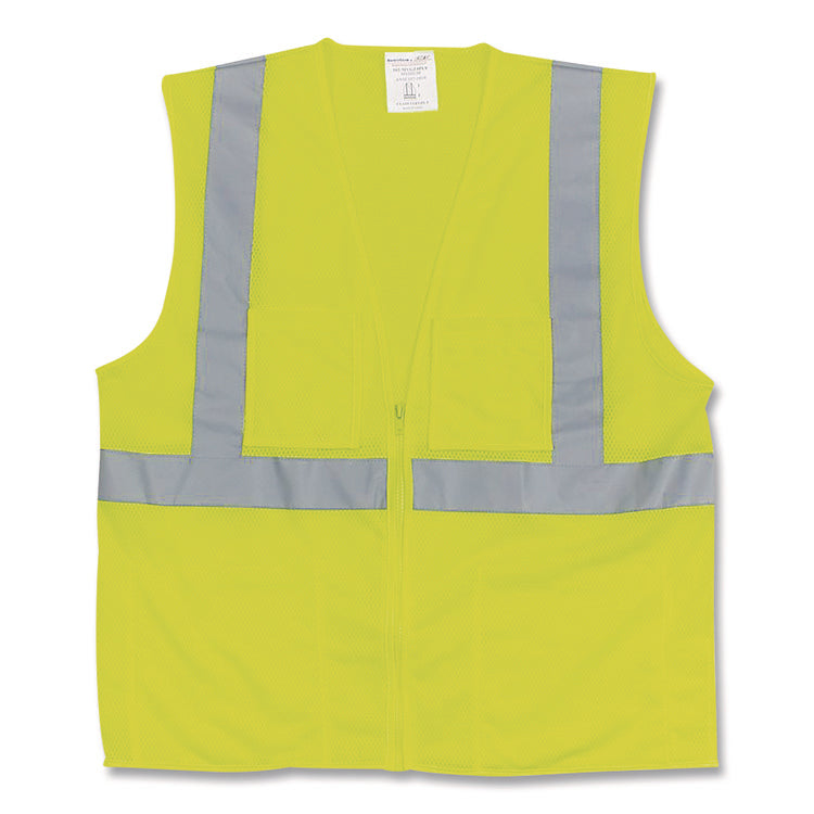 ANSI Class 2 Two-Pocket Zipper Mesh Safety Vest, Large, Hi-Viz Lime Yellow