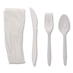 Fieldware Cutlery Kit, Individually Wrapped, Mediumweight, Fork/Knife/Napkin/Spoon, Plastic, White, 250/Carton