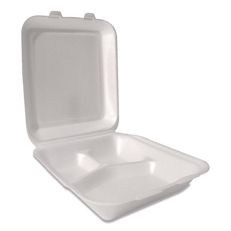 Foam Hinged Lid Containers, 3-Compartment, 7.56 x 8.25 x 2.38, White, Foam, 200/Carton
