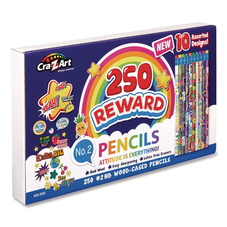 Pencils Motivational Classpack, #2 Black Lead, Assorted Barrels, 10 Designs, 250 Pencils/Set