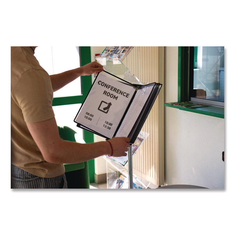 Floor Display Document Stand, 25" to 44" Tall, 10 Panels with Black Borders, Black Base