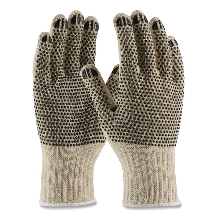 PVC-Dotted Cotton/Polyester Work Gloves, Reversible, Small, Beige/Black, 12 Pairs