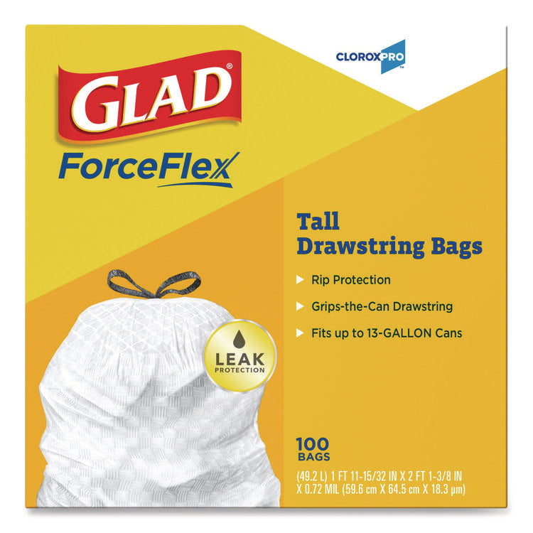 CloroxPro ForceFlex Tall Kitchen Drawstring Trash Bags, 13 gal, 24 x 27.38, Gray, 100/Box