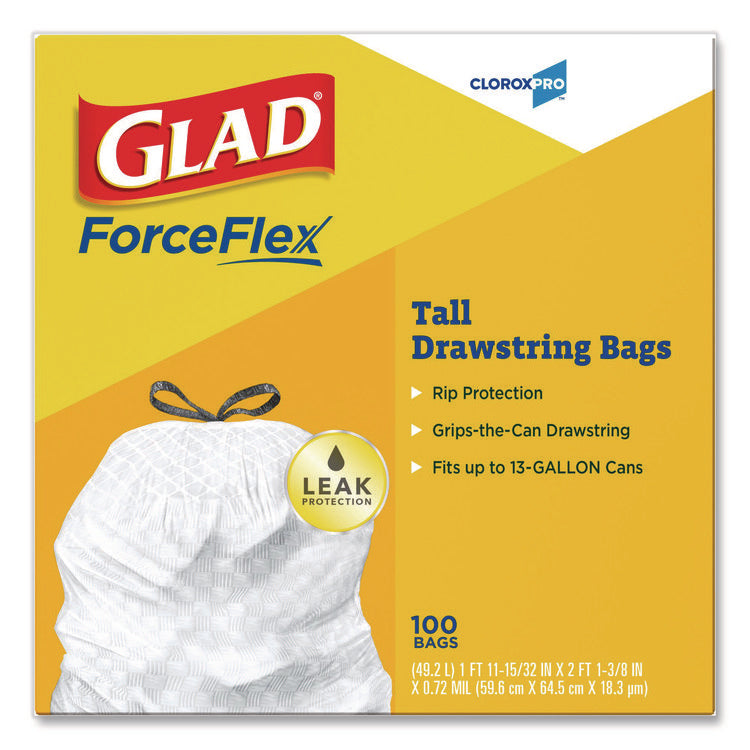 CloroxPro ForceFlex Tall Kitchen Drawstring Trash Bags, 13 gal, 24 x 27.38, Gray, 100 Bags/Box, 4 Boxes/Carton