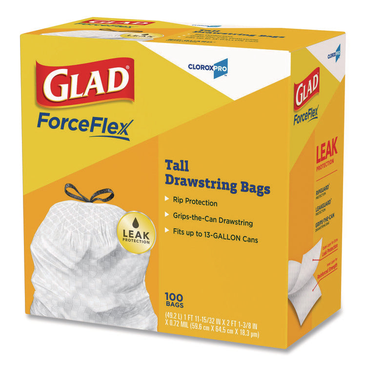 CloroxPro ForceFlex Tall Kitchen Drawstring Trash Bags, 13 gal, 24 x 27.38, Gray, 100 Bags/Box, 4 Boxes/Carton