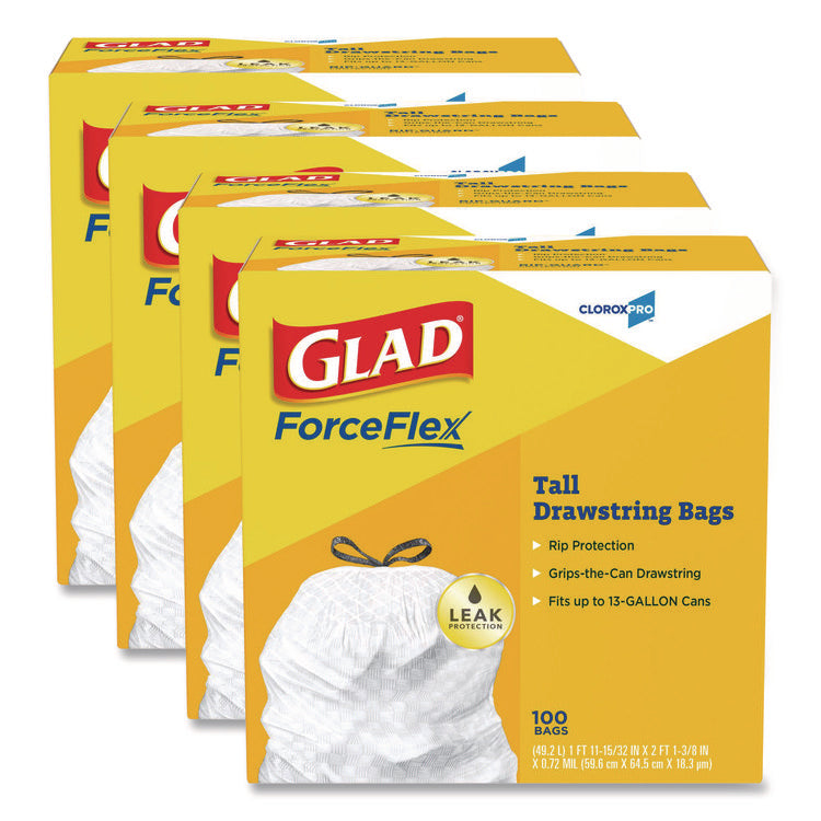 CloroxPro ForceFlex Tall Kitchen Drawstring Trash Bags, 13 gal, 24 x 27.38, Gray, 100 Bags/Box, 4 Boxes/Carton