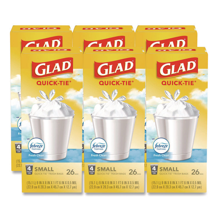 OdorShield Quick-Tie Small Trash Bags, Tie-Flap, 4 gal, Febreze Fresh Clean Scent, 8 x 18, White, 26 Bags/Box, 6 Boxes/Carton
