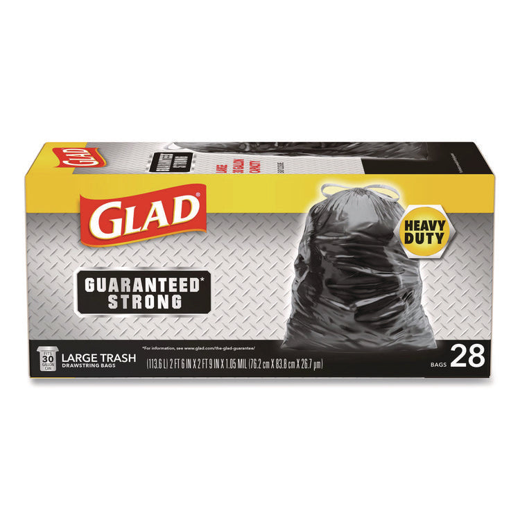 Guaranteed Strong Large Drawstring Trash Bags, Three-Ply, 30 gal, 1.05 mil, 30 x 33, Black, 28/Box