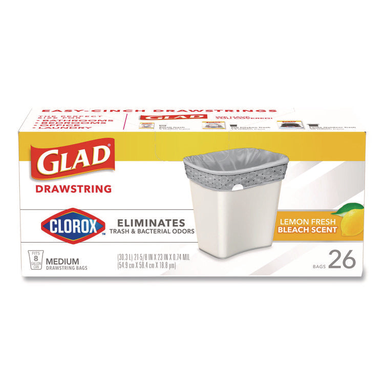 Medium Drawstring Trash Bags with Clorox, 8 gal, Lemon Fresh Bleach Scent, 0.74 mil, 23" x 21.63", Gray, 26/Box