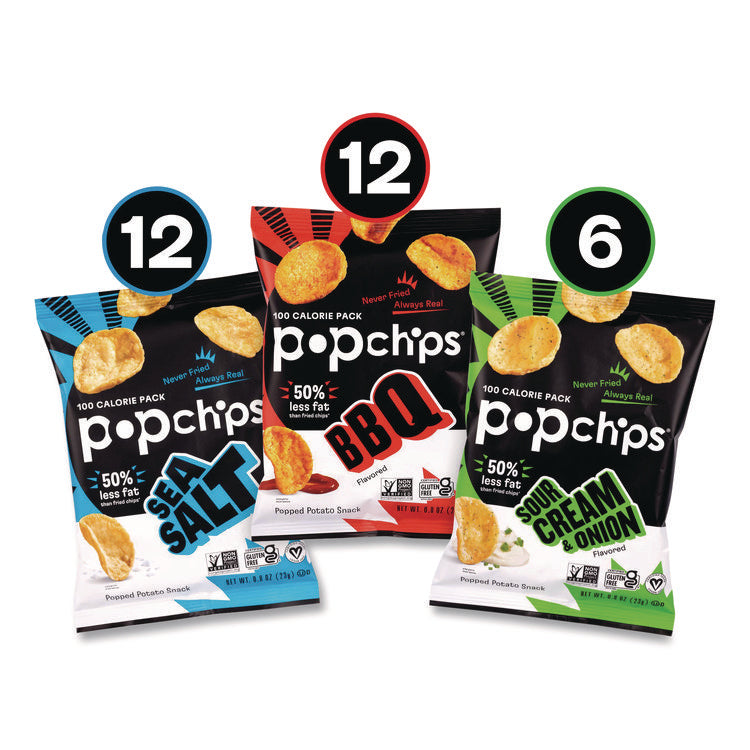 Potato Chips, Variety Pack, Barbeque, Sea Salt, Sour Cream and Onion, 0.8 oz Bag, 30/Pack