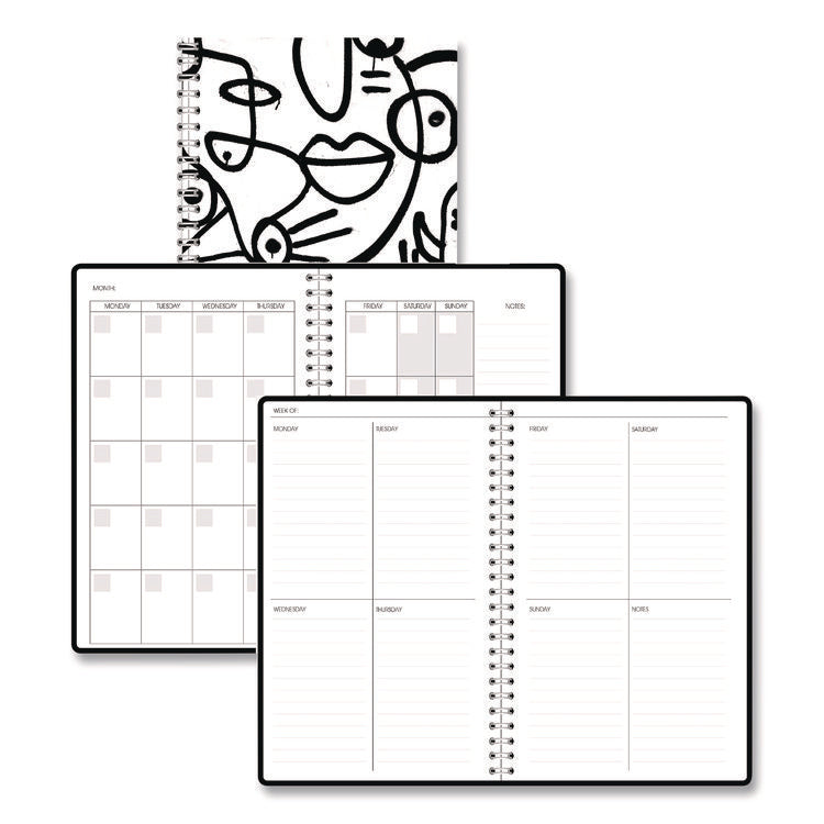 Recycled Non-Dated Monthly/Weekly Planner, Abstract Faces, Black/White Cover, Undated