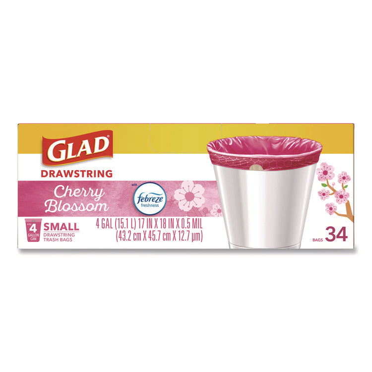 OdorShield Small Drawstring Trash Bags, 4 gal, Cherry Blossom Scent, 0.5 mil, 18" x 17", Pink, 34/Box