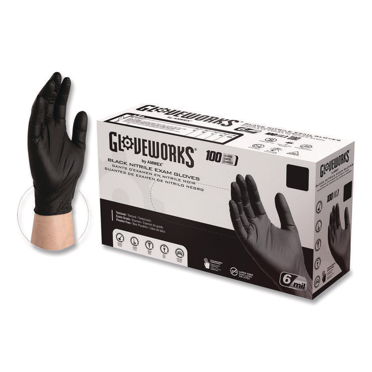 Nitrile Exam Gloves, Powder-Free, Small, 6 mil Thick, 9.5" Long, Black, 100/Box