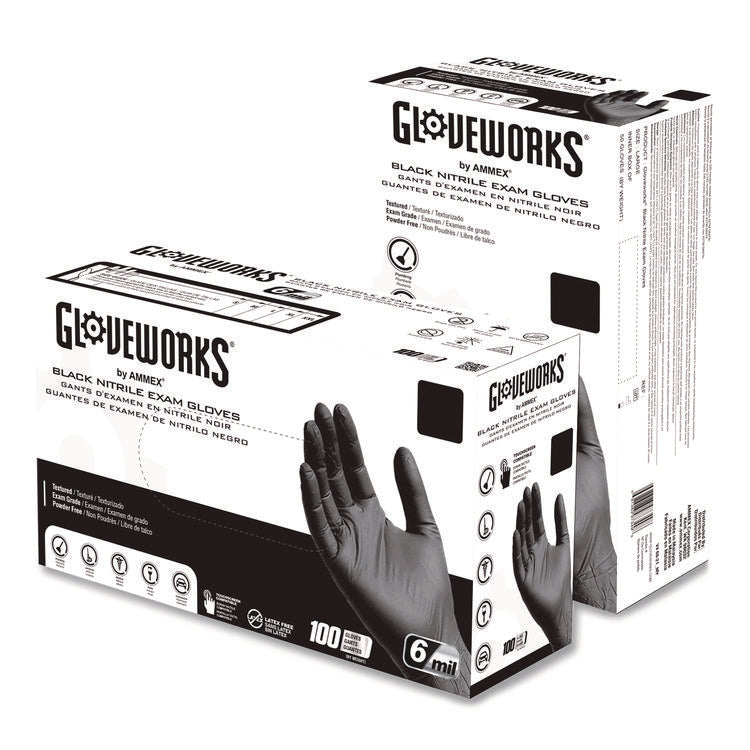 Nitrile Exam Gloves, Powder-Free, Small, 6 mil Thick, 9.5" Long, Black, 100/Box
