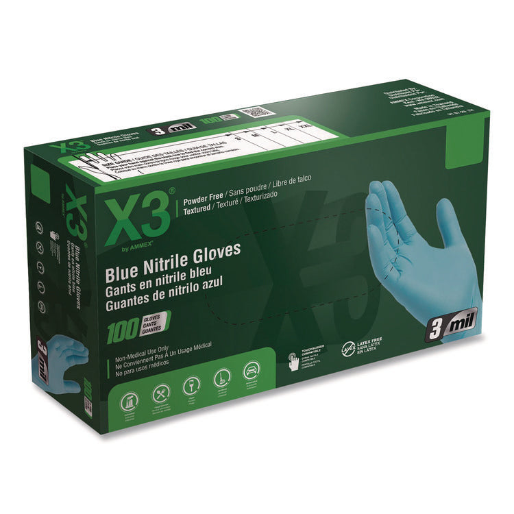 Industrial Nitrile Gloves, Powder-Free, X-Large, 3 mil Thick, 9.5" Long, Blue, 100/Box