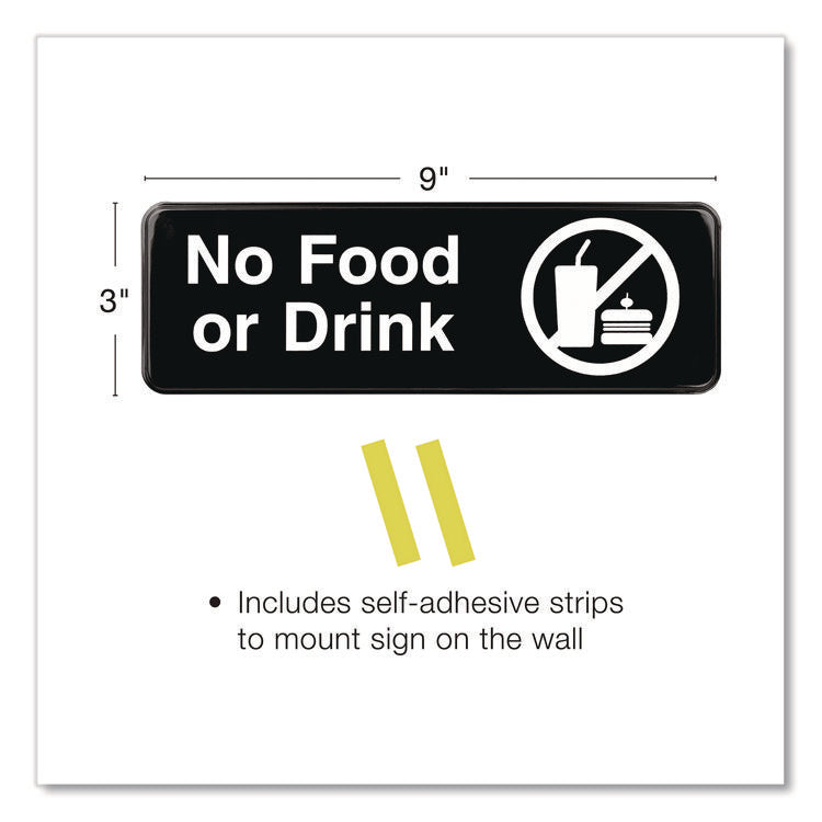 No Food or Drink Wall Sign, 9" x 3", Black Face, White Graphics, 3/Pack