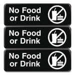 No Food or Drink Wall Sign, 9" x 3", Black Face, White Graphics, 3/Pack
