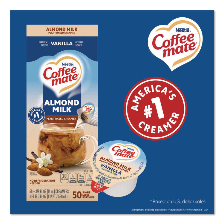Plant-Based Almond Milk Non-Dairy Liquid Creamer Singles, Natural Vanilla, 0.38 oz Mini Cups, 200/Carton