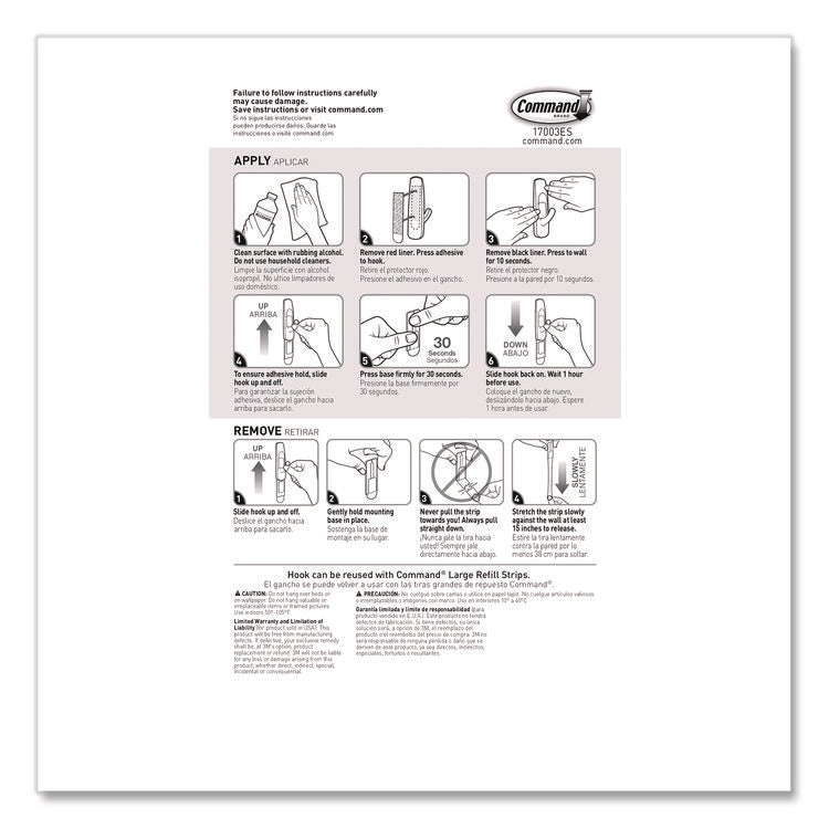 General Purpose Hooks, Large, Plastic, White, 5 lb Capacity, 12 Hooks and 18 Strips/Pack