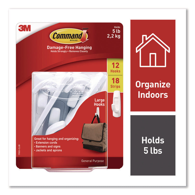 General Purpose Hooks, Large, Plastic, White, 5 lb Capacity, 12 Hooks and 18 Strips/Pack