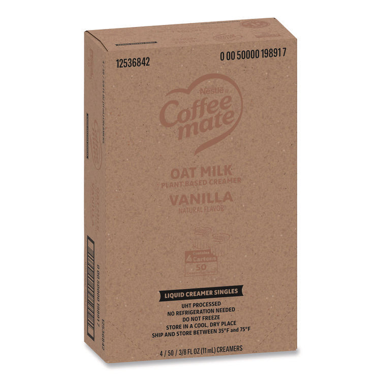 Plant-Based Oat Milk Liquid Creamers, Natural Vanilla, 0.38 oz Mini Cups, 50/Box, 4 Boxes/Carton