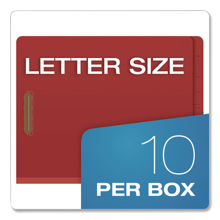 Colored Pressboard End Tab Classification Folders, 1.75" Expansion, 1 Divider, 4 Fasteners, Letter Size, Red Exterior, 10/Box
